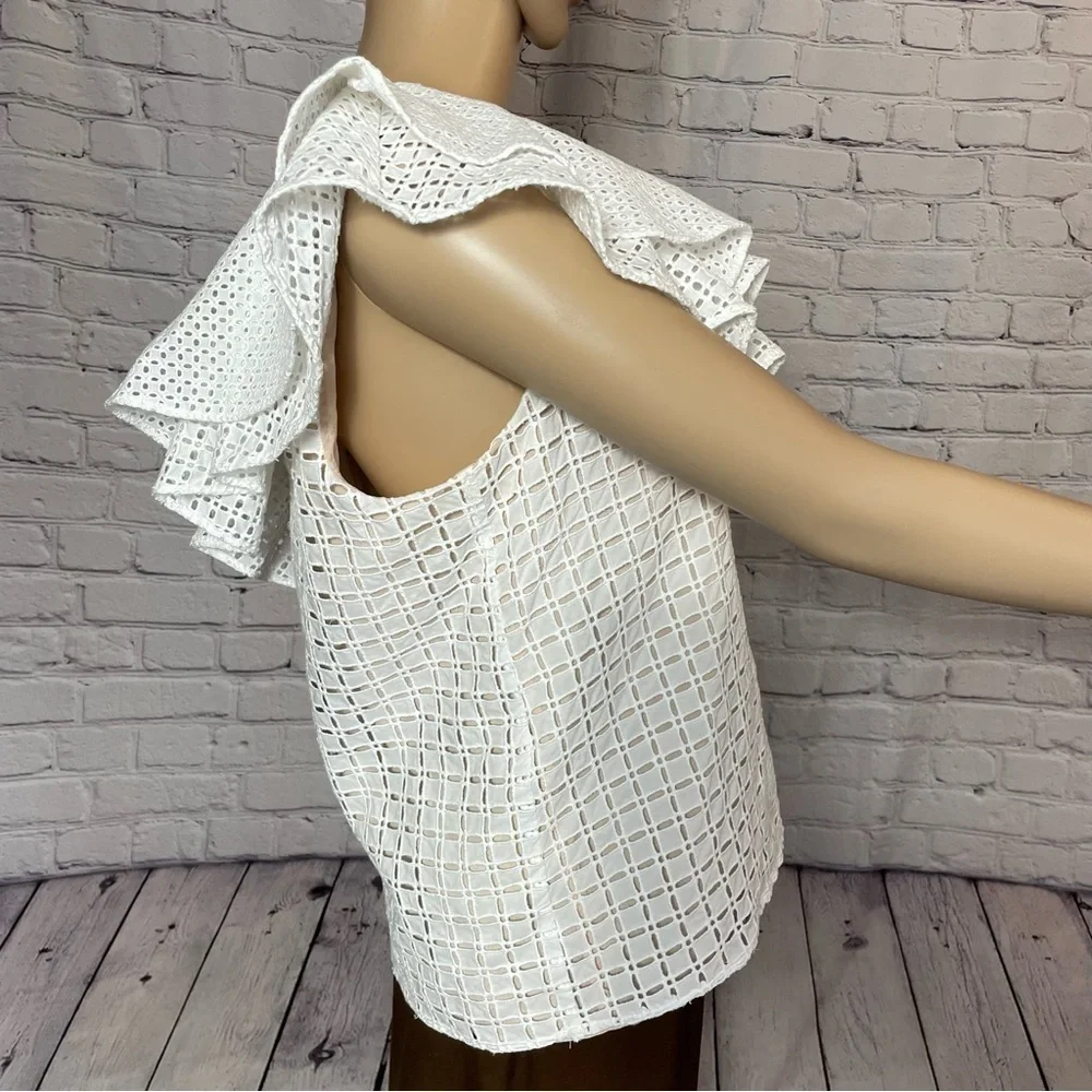 J. Crew White One-Shoulder Ruffle Eyelet Cotton Top Size 2